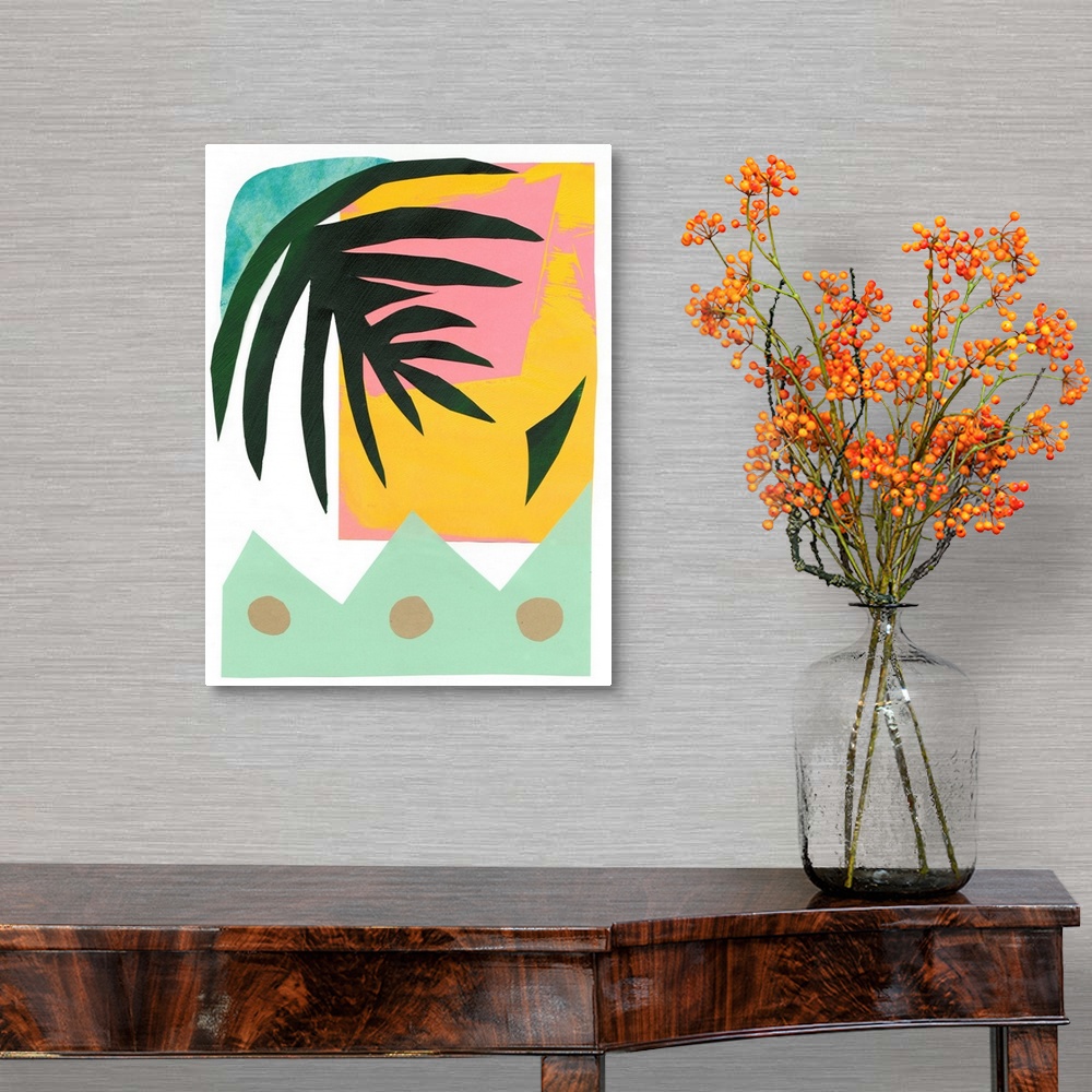 A traditional room featuring Tropical cut paper abstract art with a modern vibe and a dark green leaf motif.