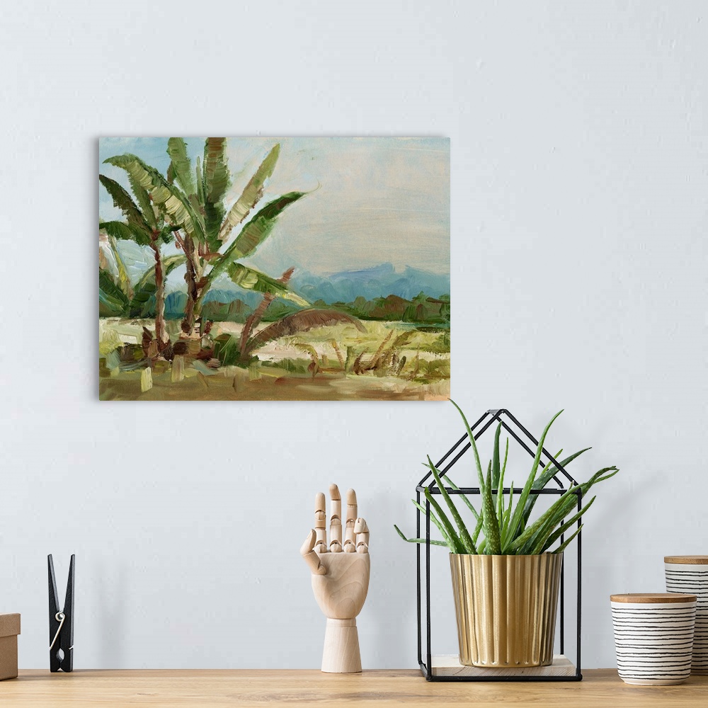 A bohemian room featuring Contemporary painting of an abstracted landscape and palm trees.