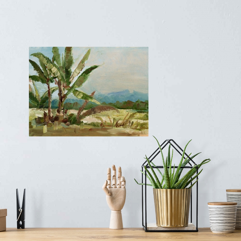A bohemian room featuring Contemporary painting of an abstracted landscape and palm trees.