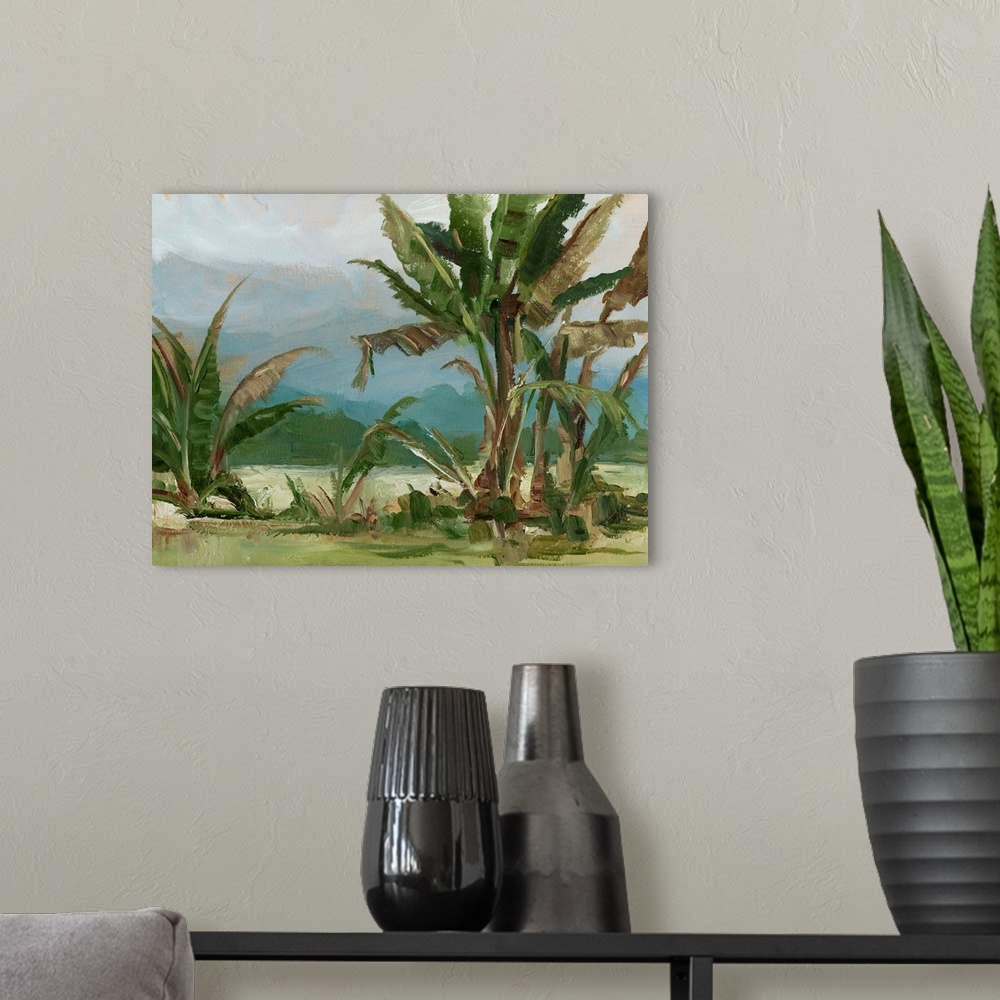 A modern room featuring Contemporary painting of an abstracted landscape and palm trees.