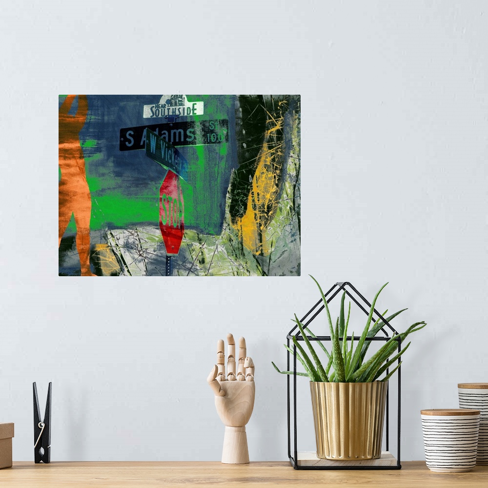 A bohemian room featuring Contemporary collage style artwork using vibrant colors.