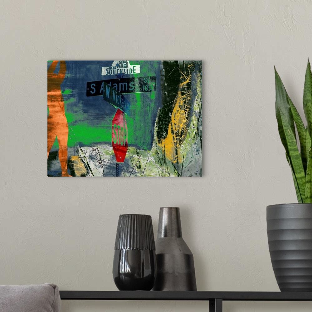 A modern room featuring Contemporary collage style artwork using vibrant colors.