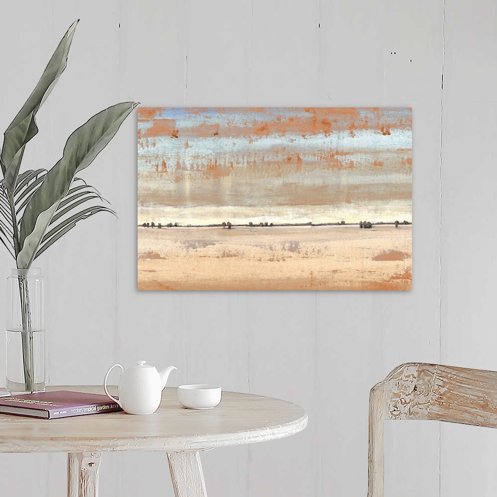 A farmhouse room featuring Abstract landscape of an open desert under a pale sky.