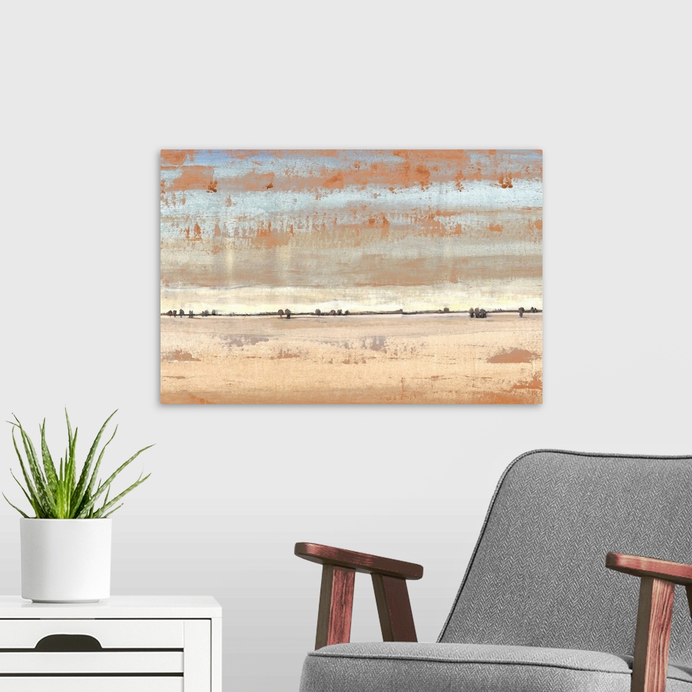 A modern room featuring Abstract landscape of an open desert under a pale sky.
