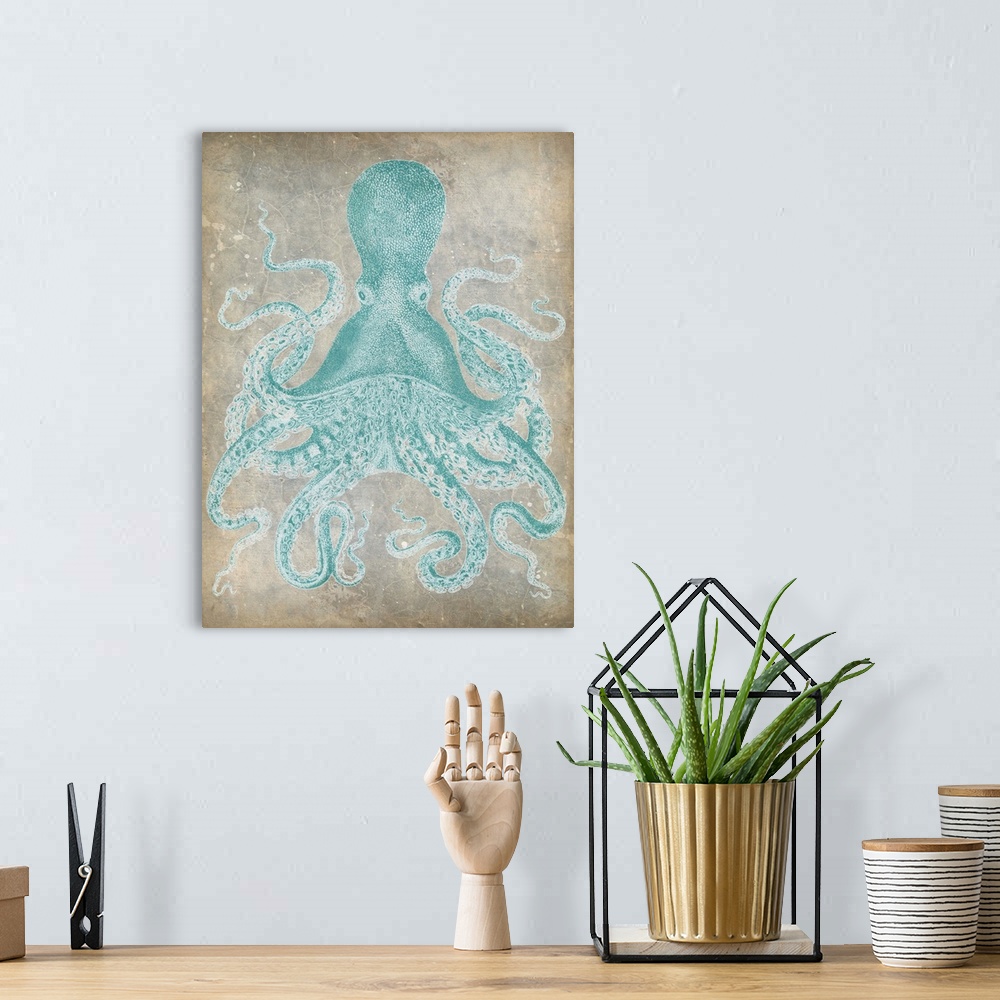 A bohemian room featuring Vintage stylized octopus in a pale blue against a neutral background.