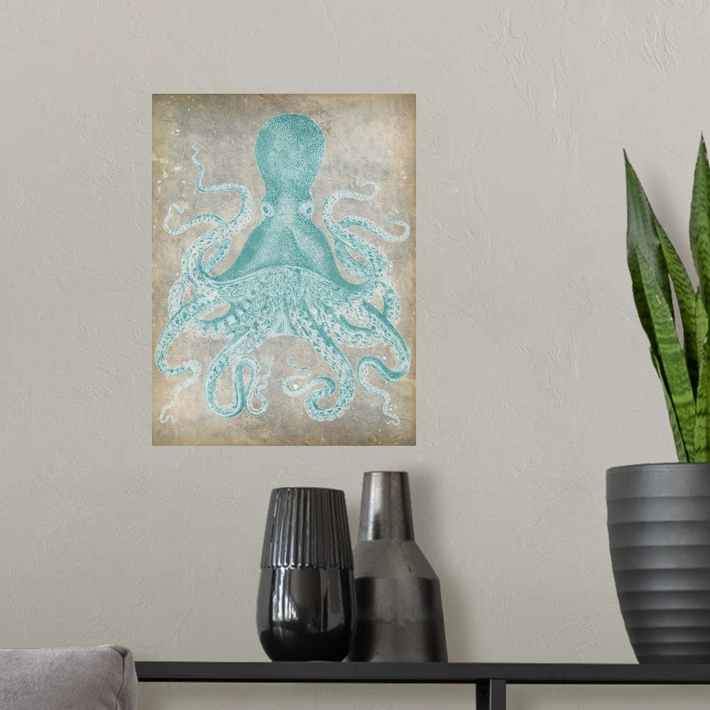 A modern room featuring Vintage stylized octopus in a pale blue against a neutral background.
