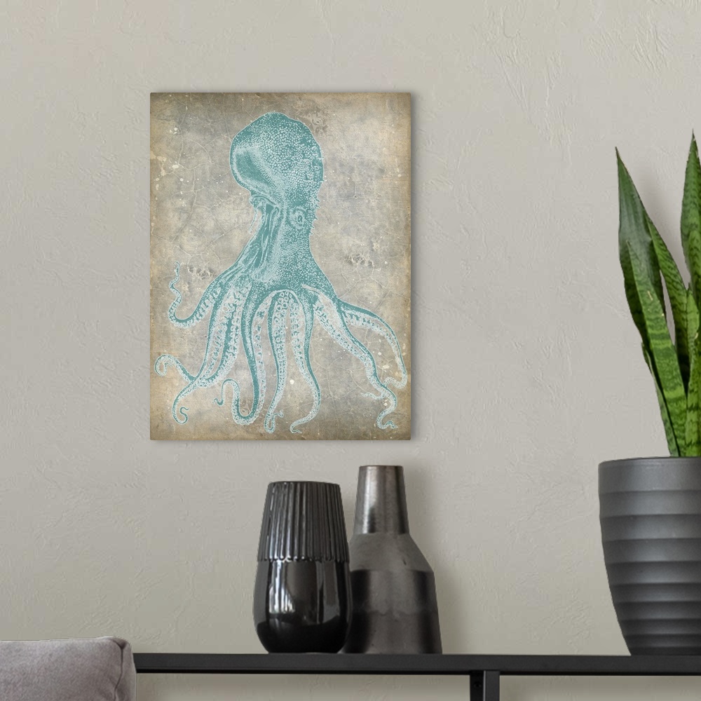 A modern room featuring Vintage stylized octopus in a pale blue against a neutral background.