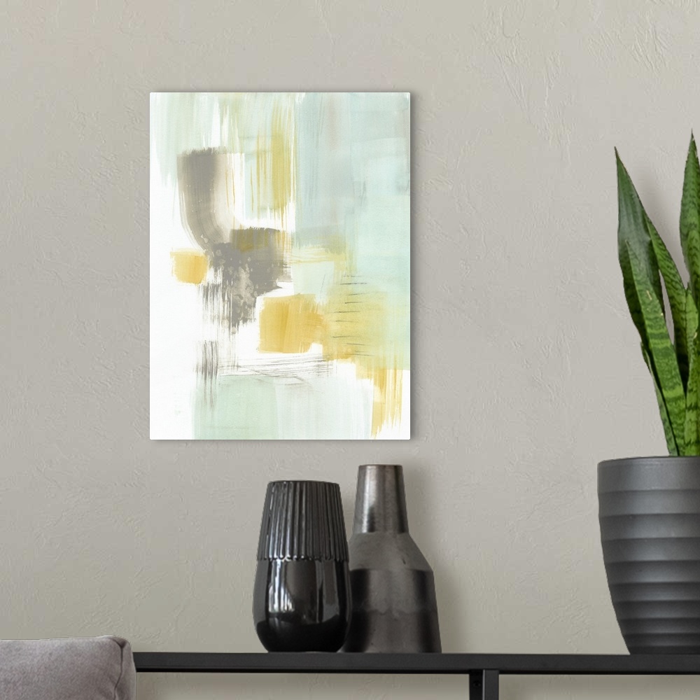A modern room featuring This abstract watercolor is comprised of visible brush strokes of splendid color over a white bac...