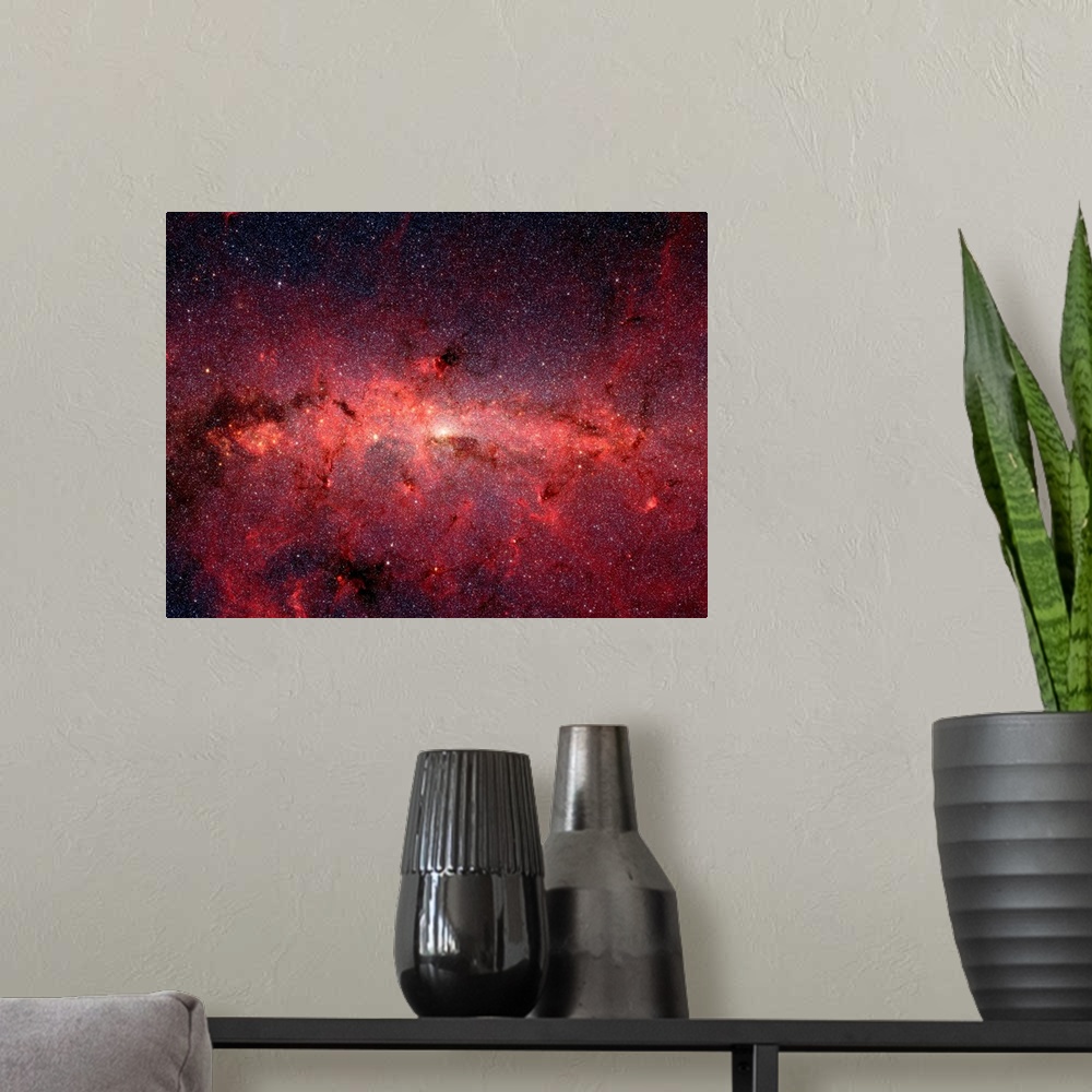 A modern room featuring Photograph of a deep red and black outer space with millions of stars.