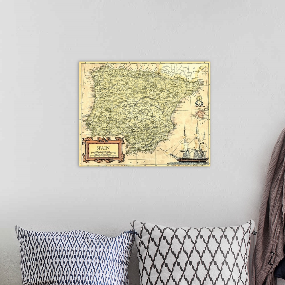A bohemian room featuring Spain Map
