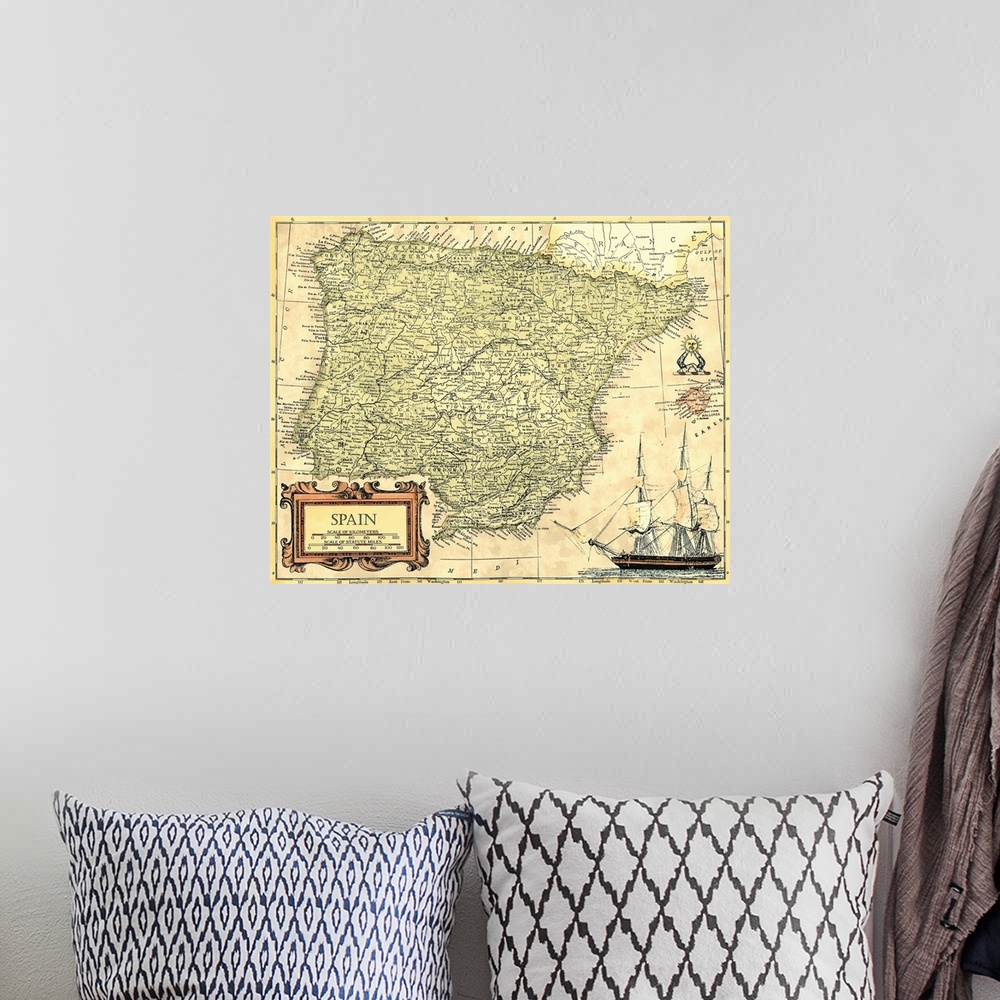 A bohemian room featuring Spain Map