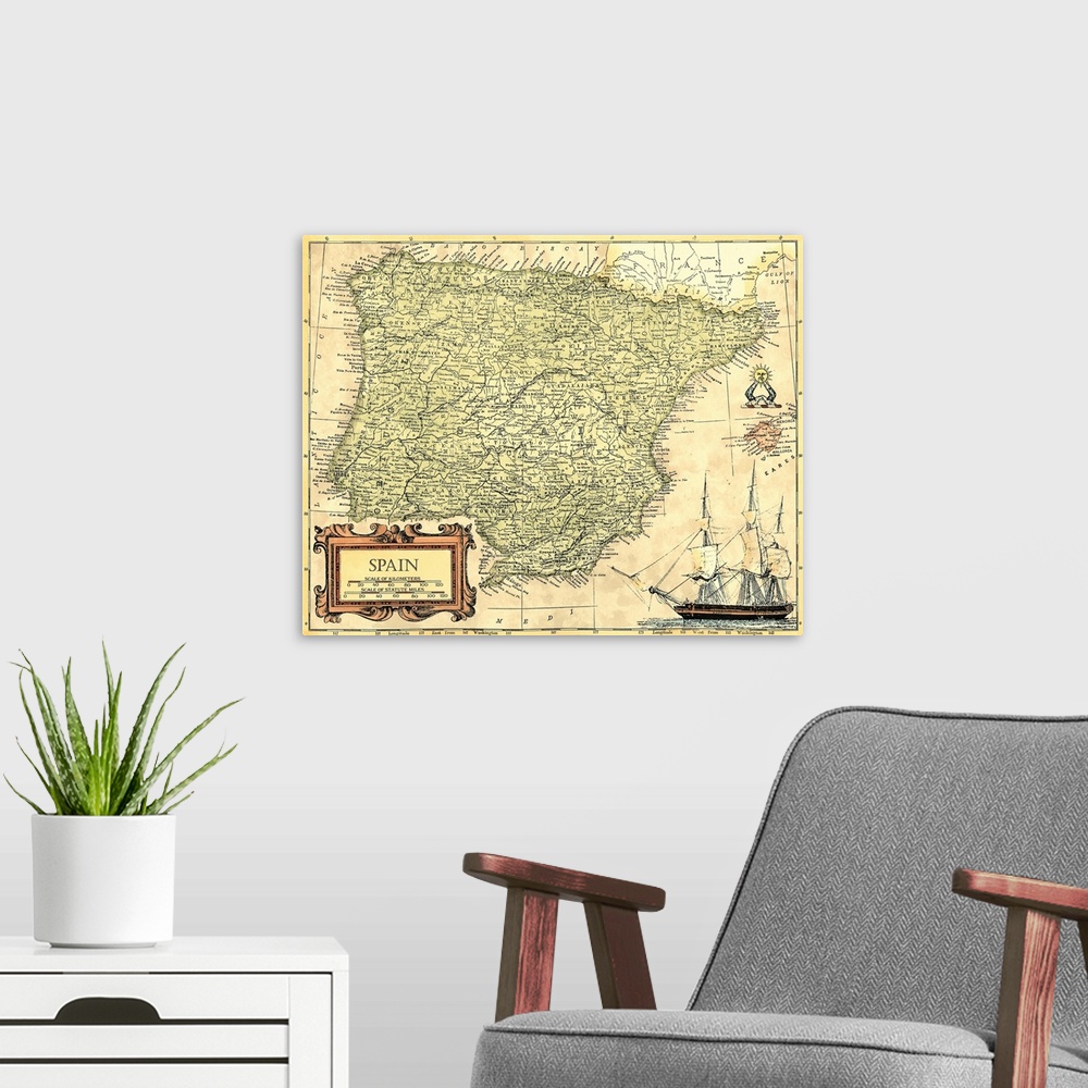 A modern room featuring Spain Map