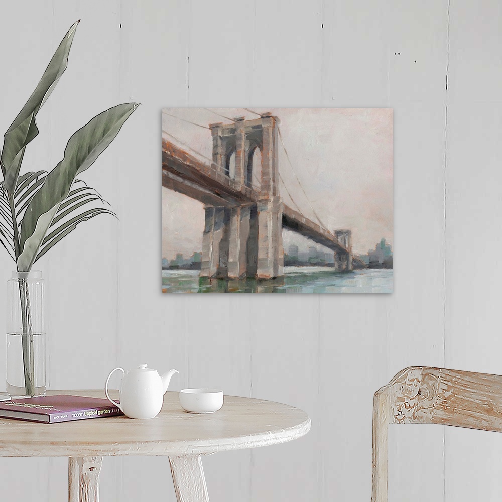 A farmhouse room featuring A picturesque painting of Brooklyn Bridge in New York, in subdue colors with the city in the back...
