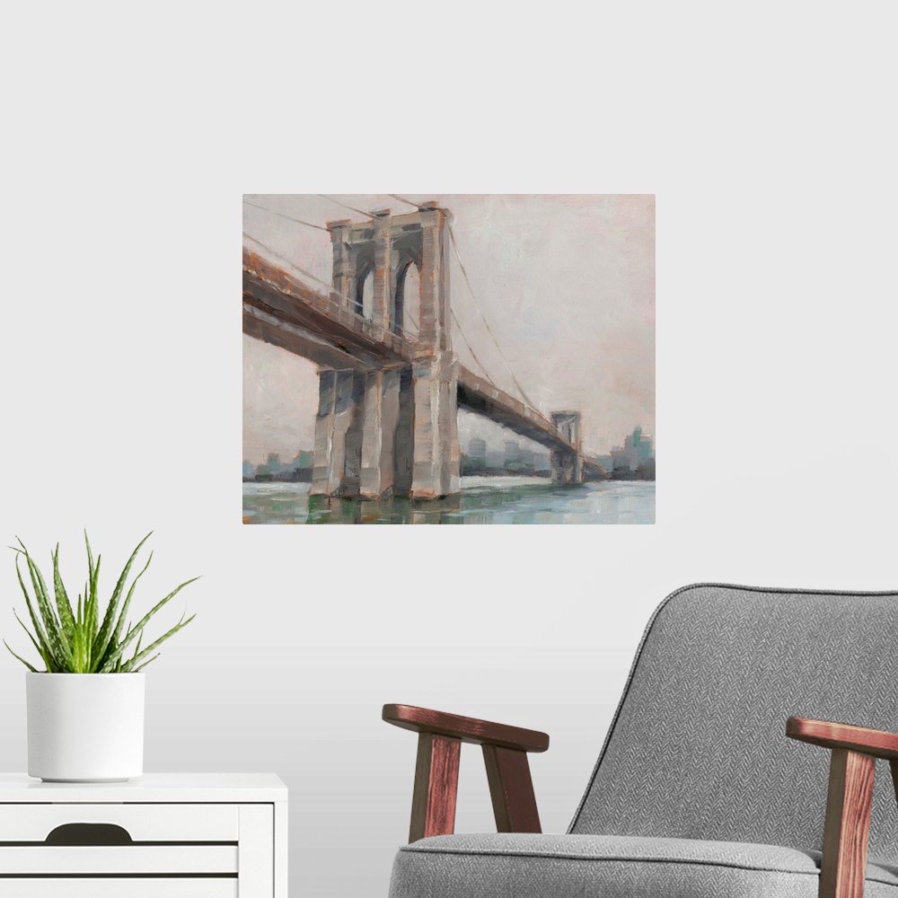 A modern room featuring A picturesque painting of Brooklyn Bridge in New York, in subdue colors with the city in the back...