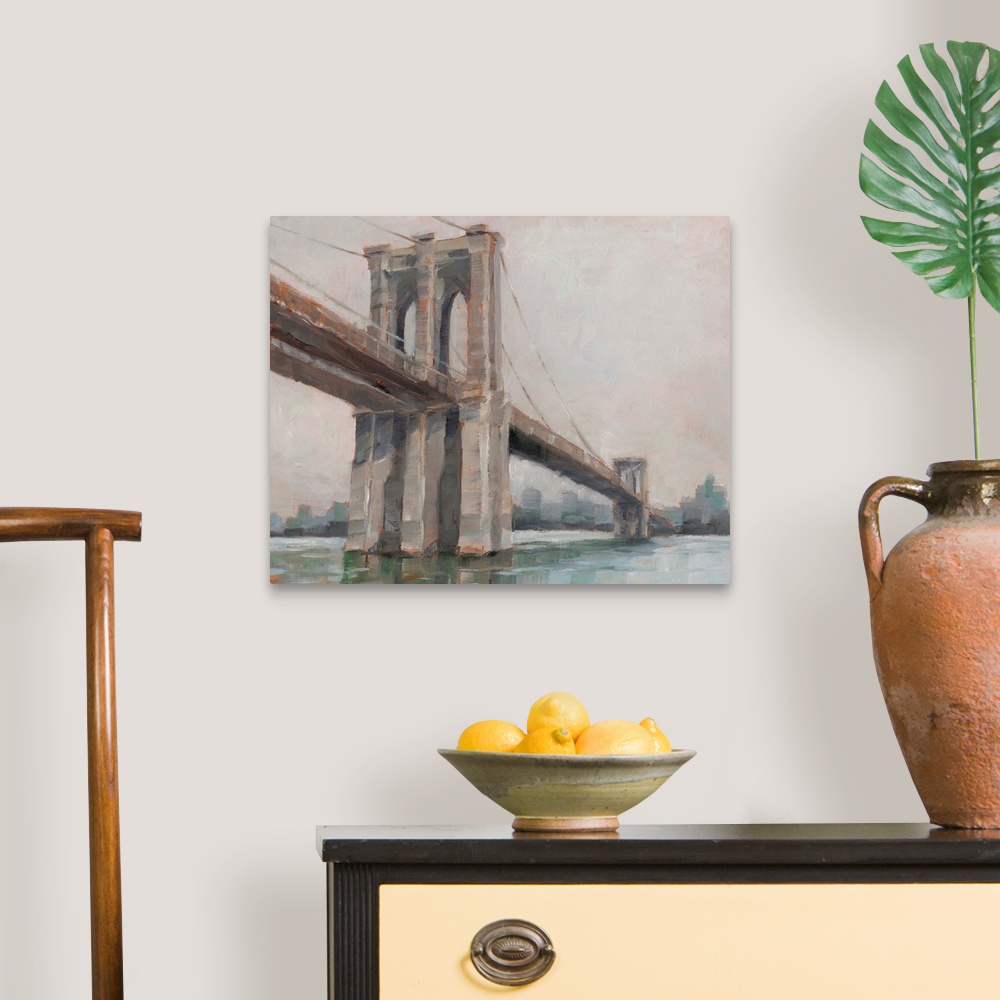 A traditional room featuring A picturesque painting of Brooklyn Bridge in New York, in subdue colors with the city in the back...