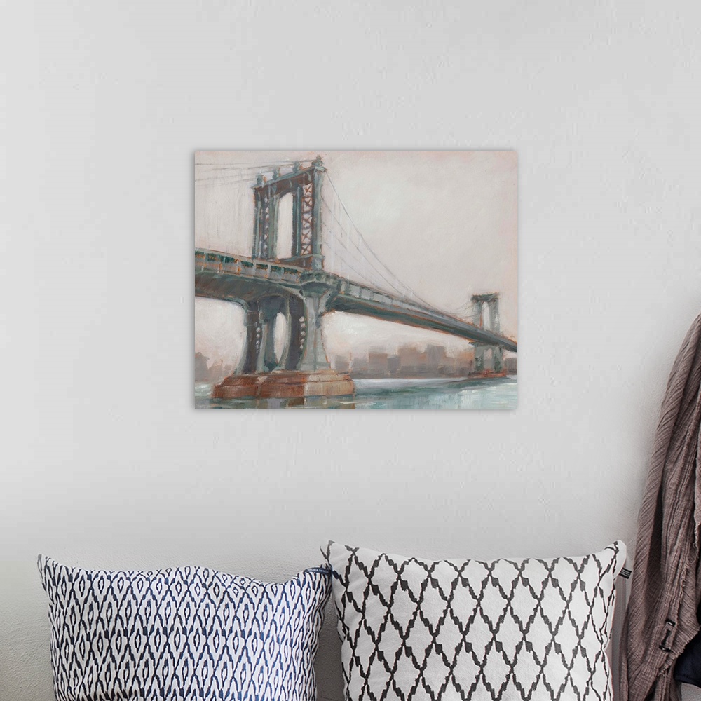 A bohemian room featuring A picturesque painting of Manhattan Bridge in New York, in subdue colors with the city in the bac...