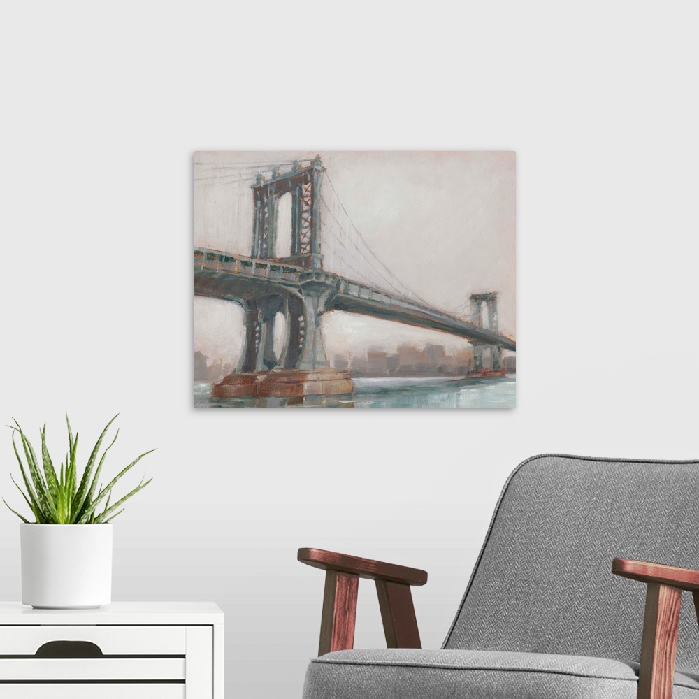 A modern room featuring A picturesque painting of Manhattan Bridge in New York, in subdue colors with the city in the bac...