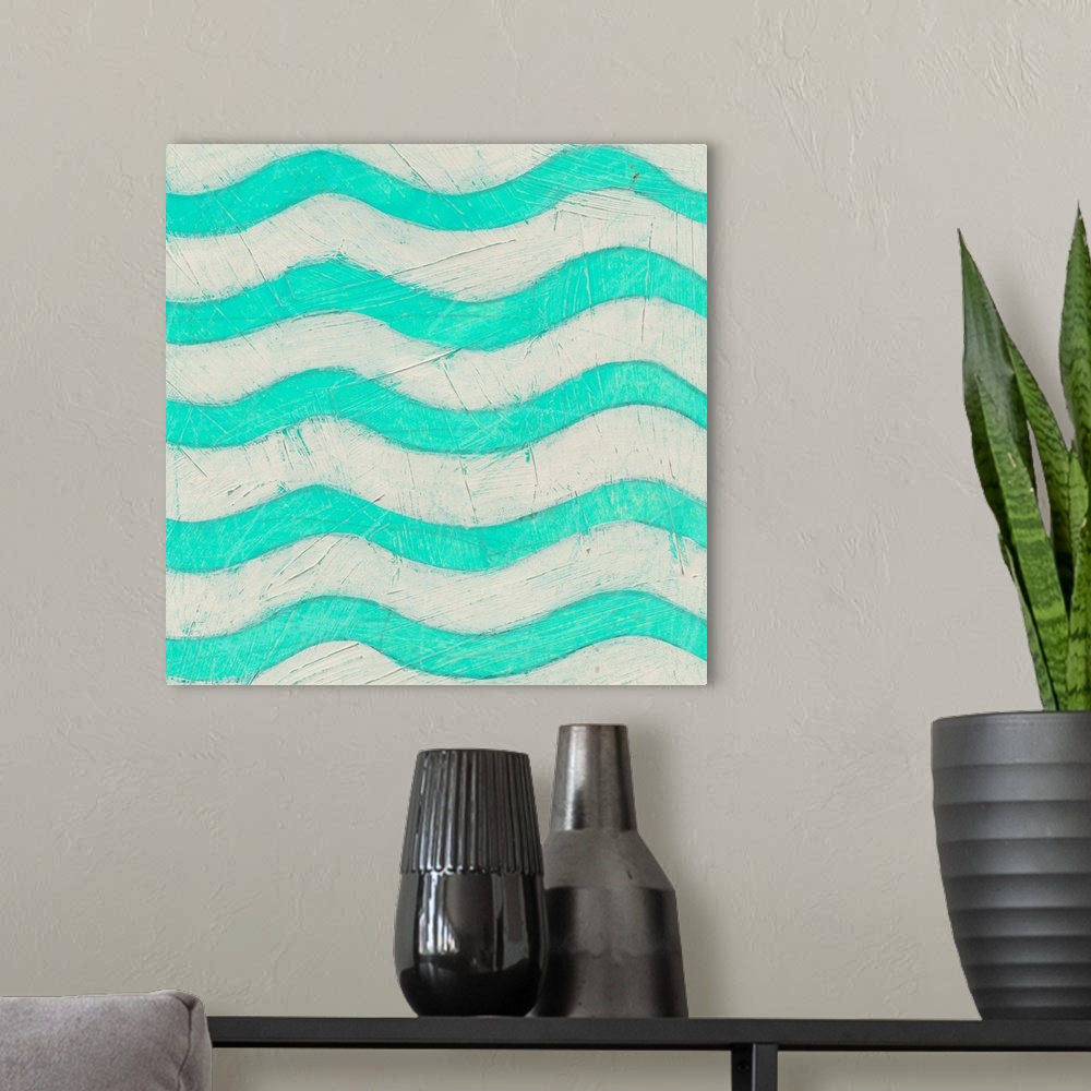 A modern room featuring Mid-century inspired painting of abstract shapes in vibrant colors.