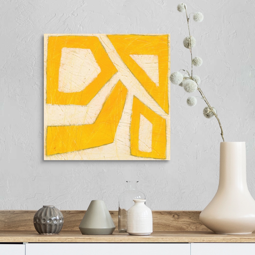A farmhouse room featuring Mid-century inspired painting of abstract shapes in vibrant colors.