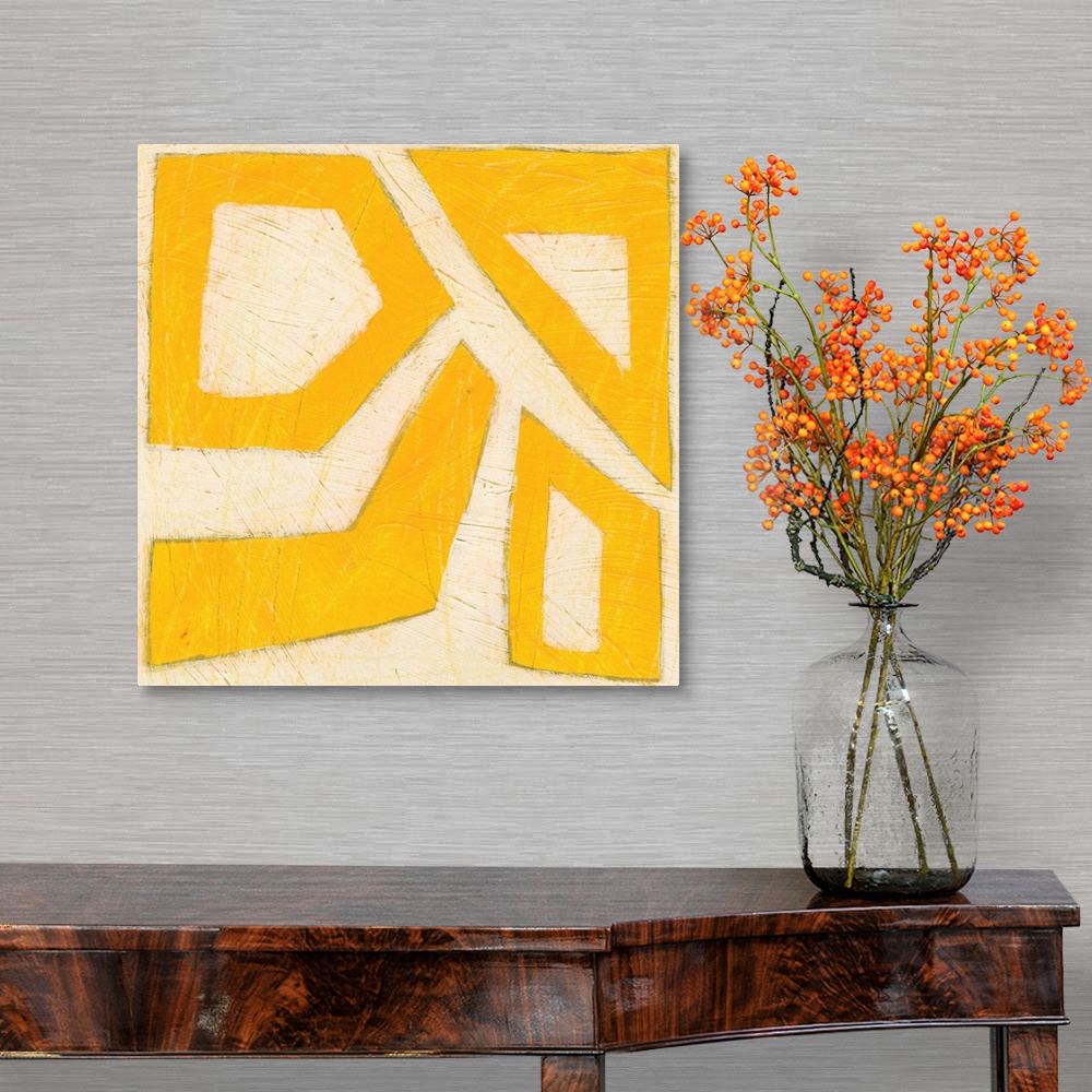 A traditional room featuring Mid-century inspired painting of abstract shapes in vibrant colors.