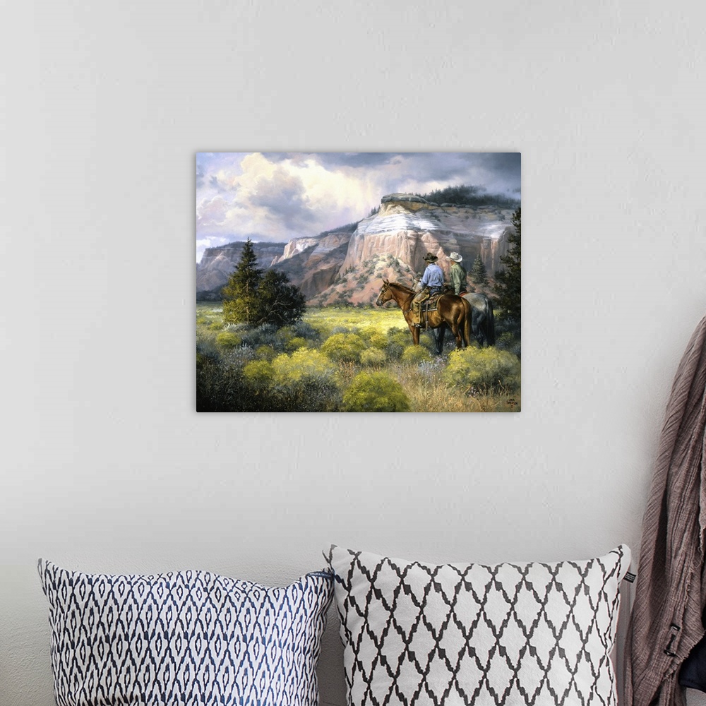 A bohemian room featuring This contemporary artwork of two cowboys seeing the wondrous plains for the first time reminds on...