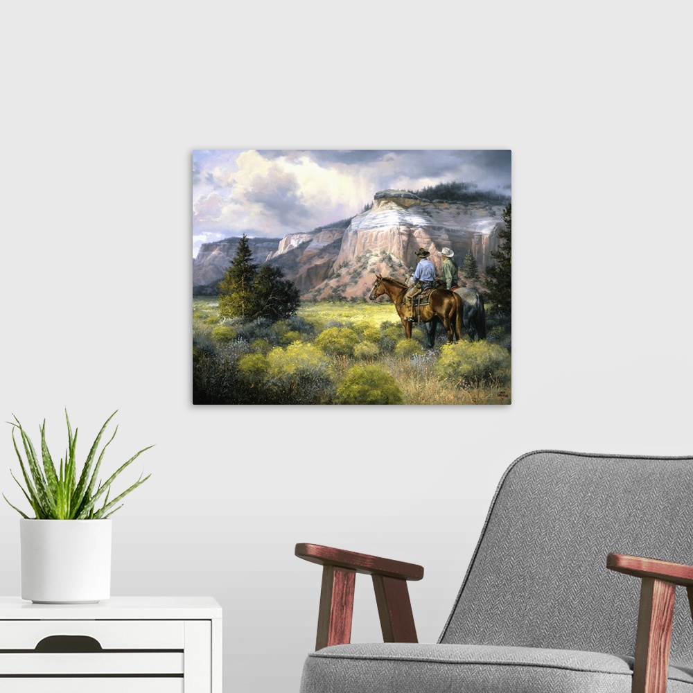 A modern room featuring This contemporary artwork of two cowboys seeing the wondrous plains for the first time reminds on...