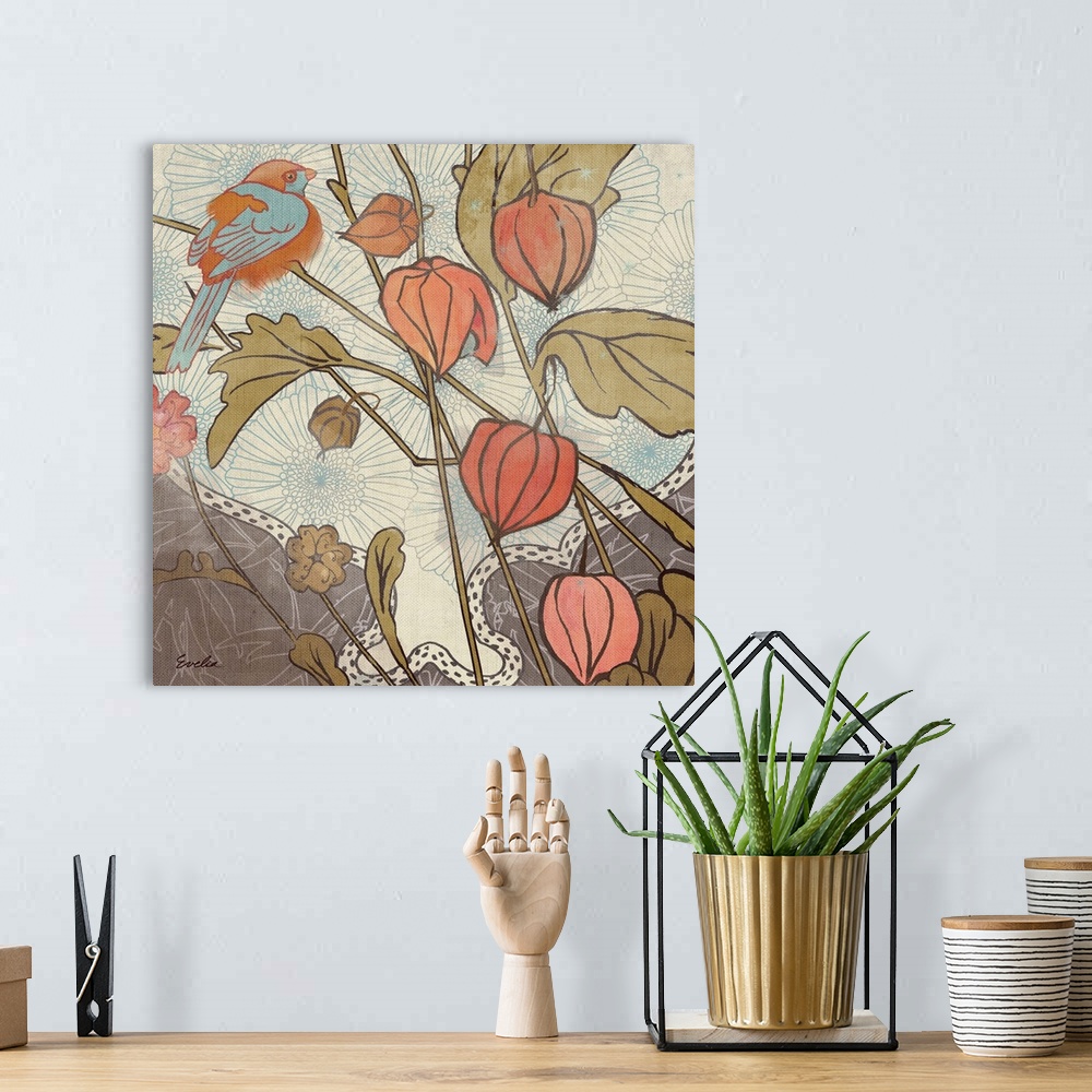 A bohemian room featuring Whimsical contemporary floral themed painting.