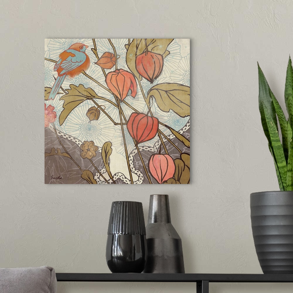 A modern room featuring Whimsical contemporary floral themed painting.