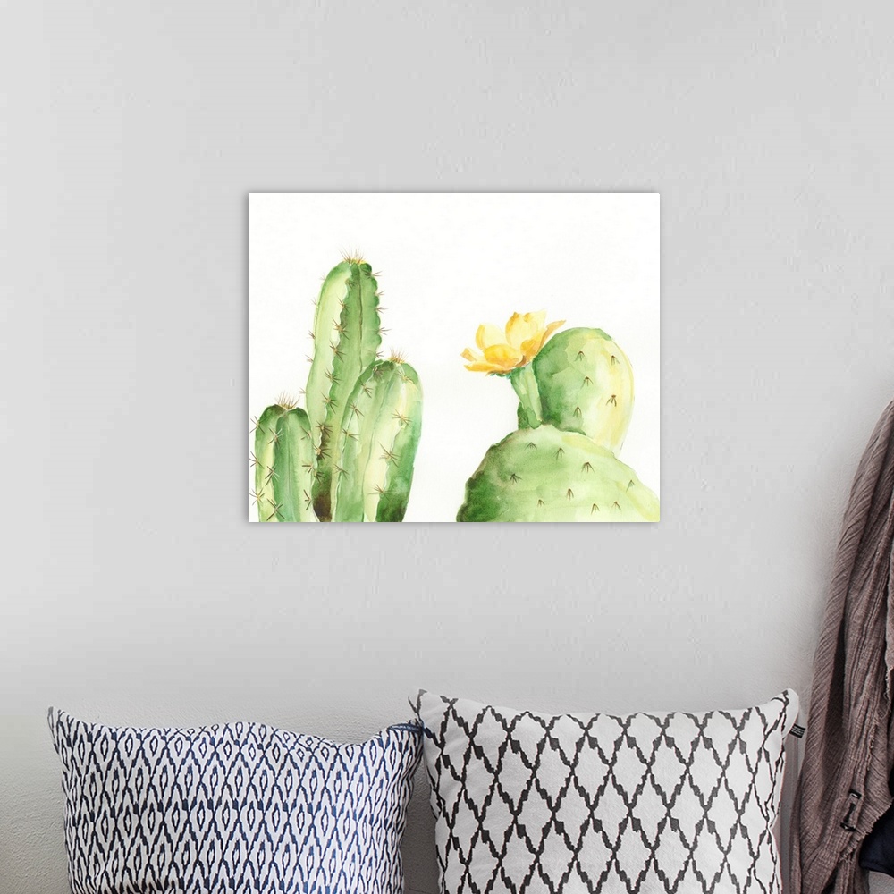 A bohemian room featuring Adorable watercolor cacti with bright yellow flowers flourish on a white background in this decor...
