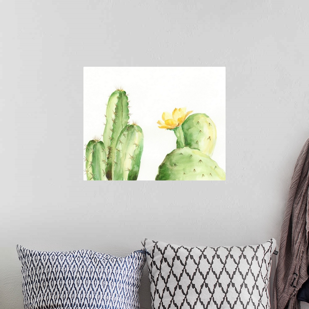 A bohemian room featuring Adorable watercolor cacti with bright yellow flowers flourish on a white background in this decor...