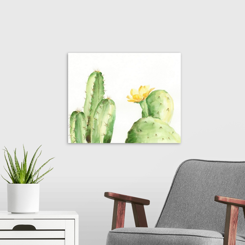 A modern room featuring Adorable watercolor cacti with bright yellow flowers flourish on a white background in this decor...