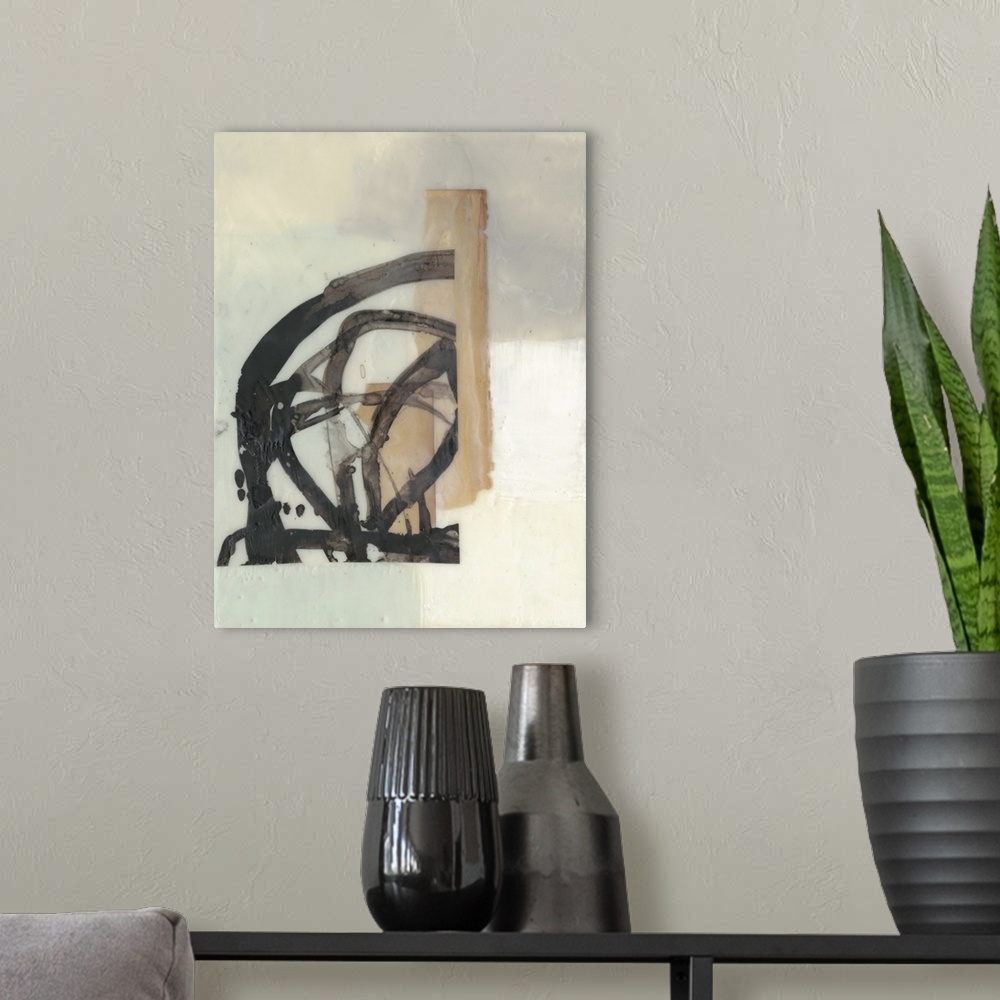 A modern room featuring A haze covers this abstract artwork completely with layers of black brush strokes underneath that...