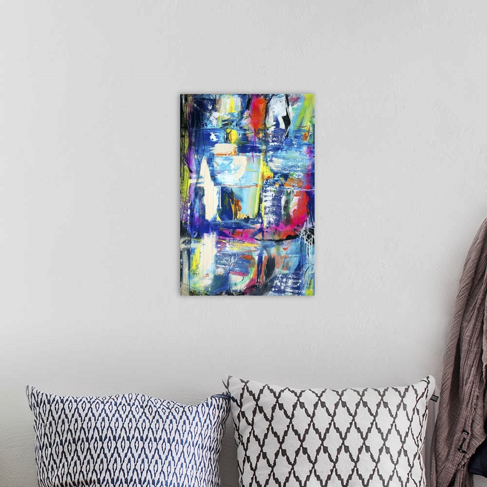 A bohemian room featuring Contemporary abstract painting using wild colors and graffiti-like strokes.