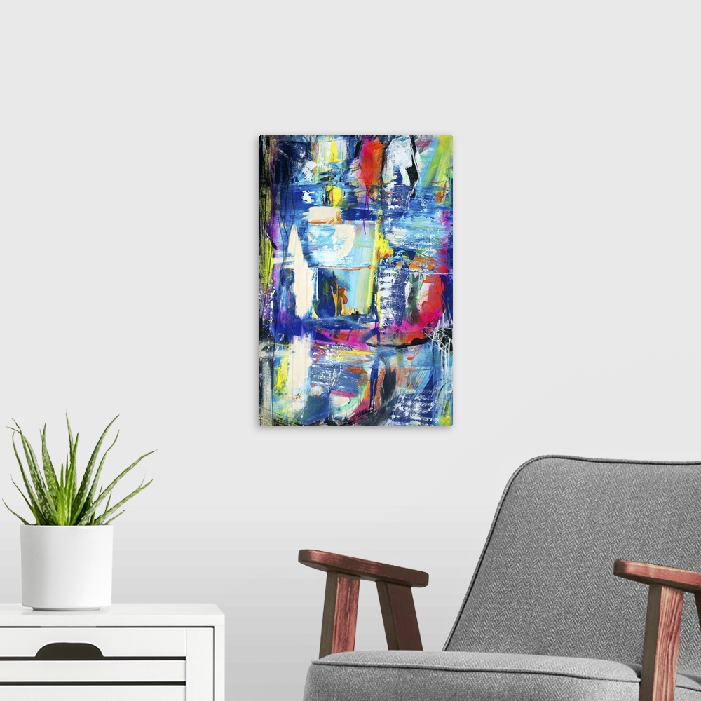 A modern room featuring Contemporary abstract painting using wild colors and graffiti-like strokes.