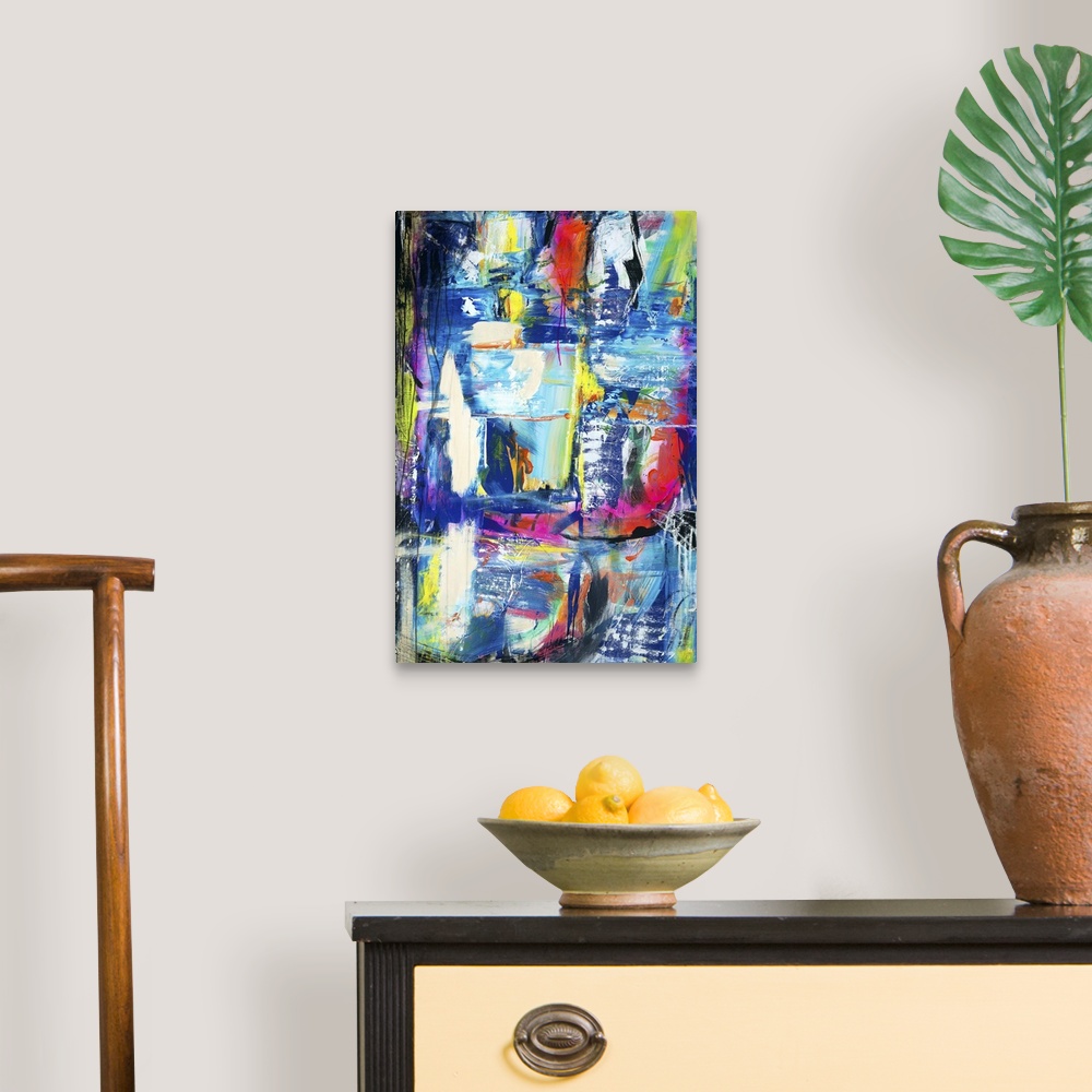 A traditional room featuring Contemporary abstract painting using wild colors and graffiti-like strokes.