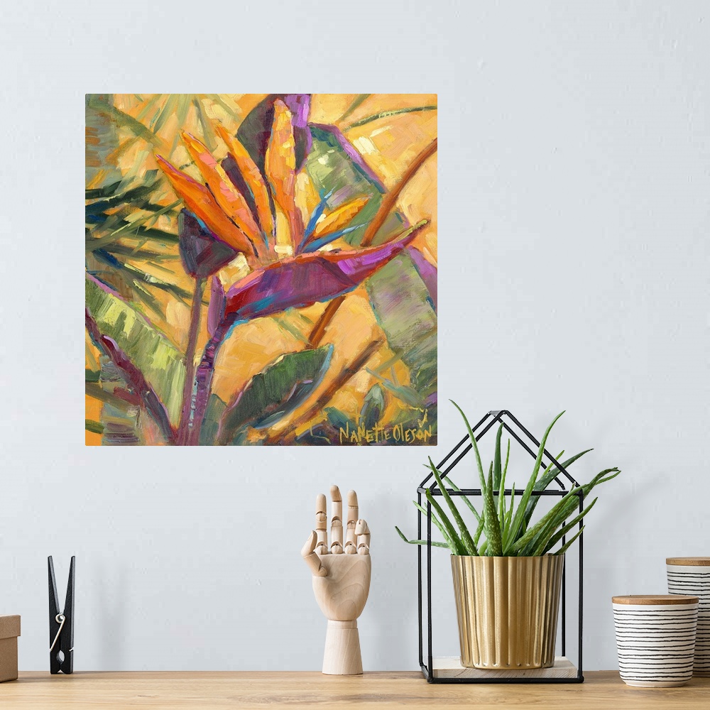 A bohemian room featuring Contemporary artwork of a tropical Bird of Paradise flower.
