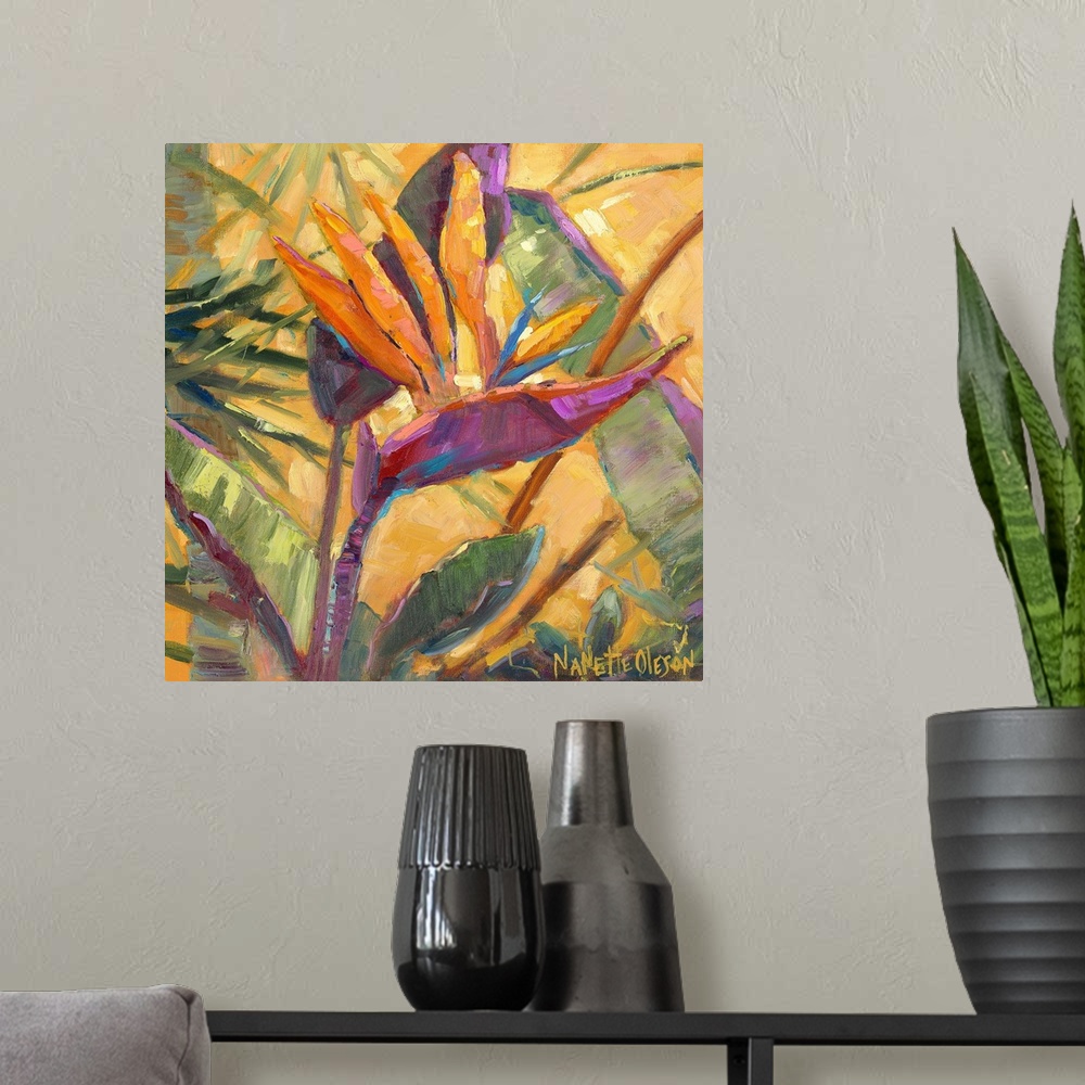 A modern room featuring Contemporary artwork of a tropical Bird of Paradise flower.