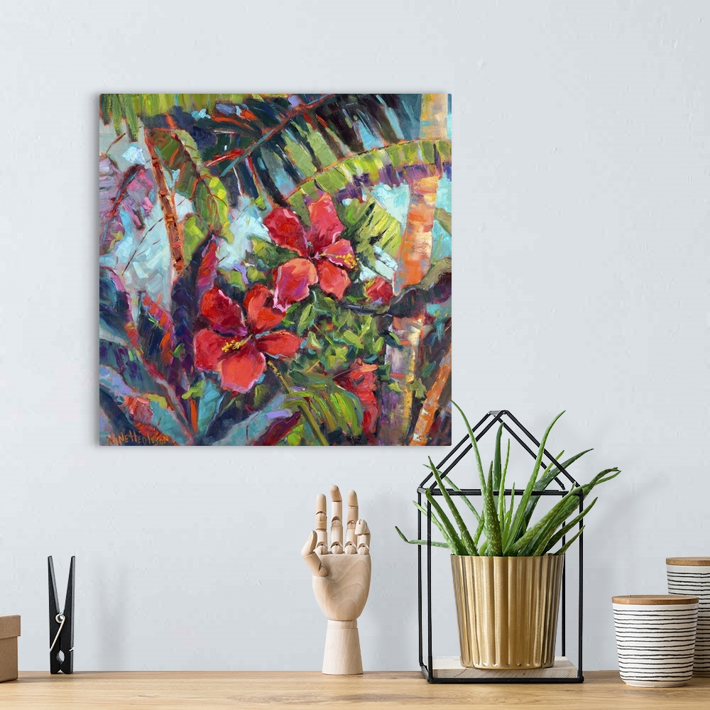 A bohemian room featuring Contemporary artwork of tropical hibiscus flowers in a jungle.