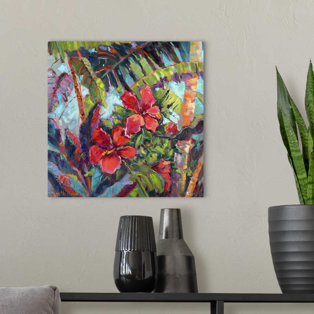 A modern room featuring Contemporary artwork of tropical hibiscus flowers in a jungle.
