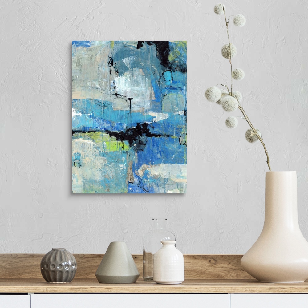 A farmhouse room featuring Big abstract painting on canvas of various cool tones and shapes with painted lines dripped on top.