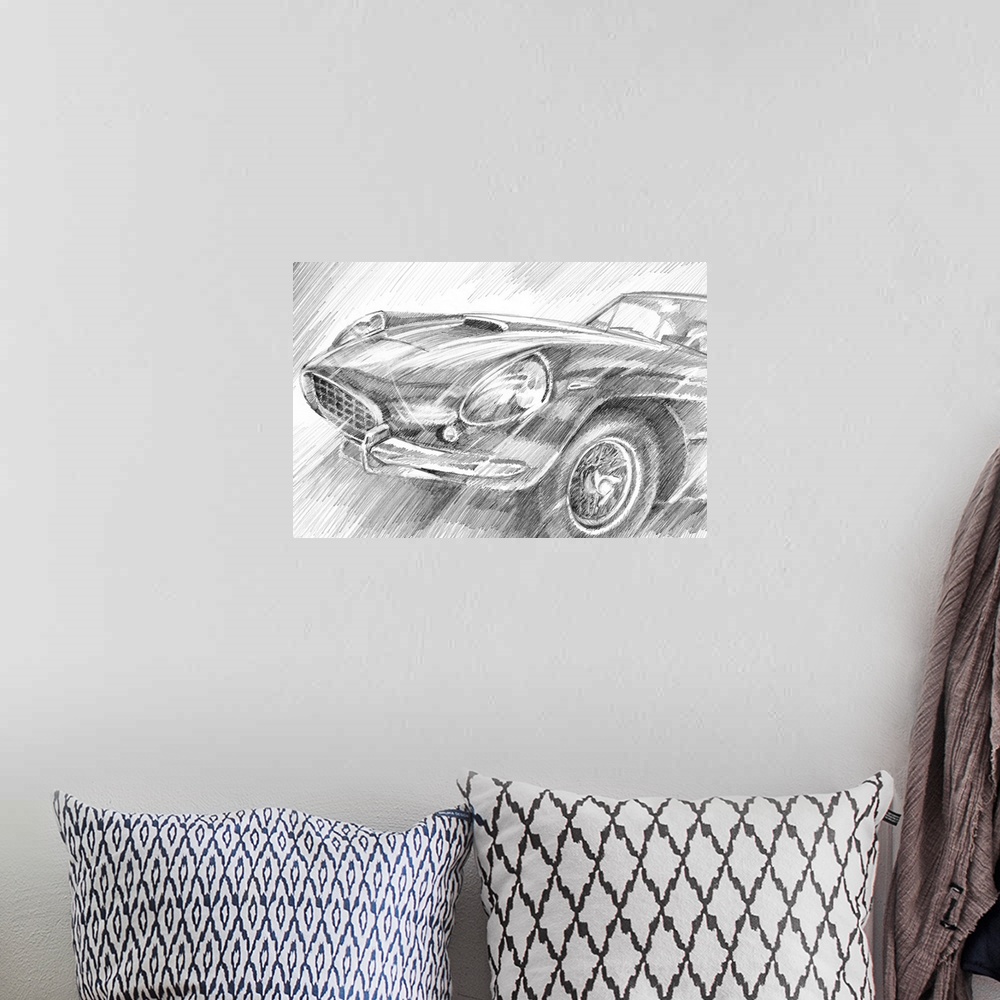 A bohemian room featuring Pencil sketch of the front of a sportscar, with emphasis on the headlights and grill.