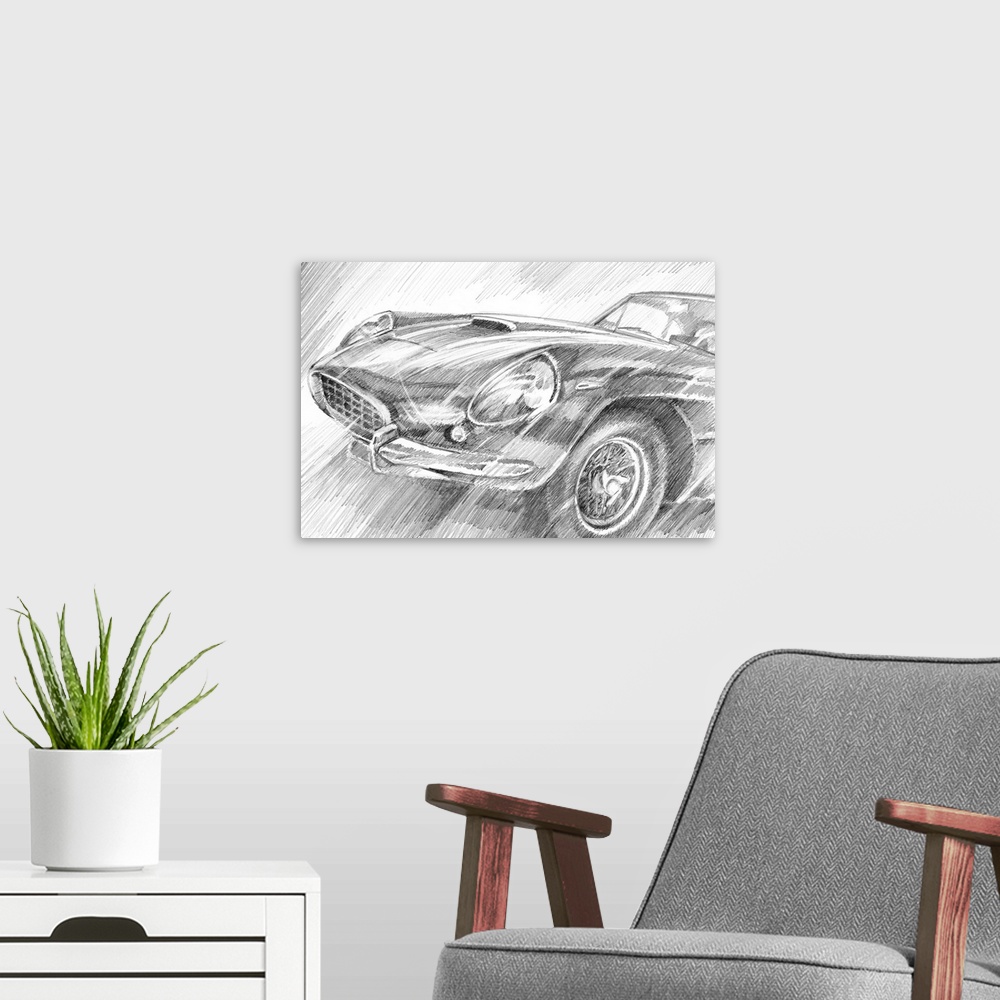 A modern room featuring Pencil sketch of the front of a sportscar, with emphasis on the headlights and grill.