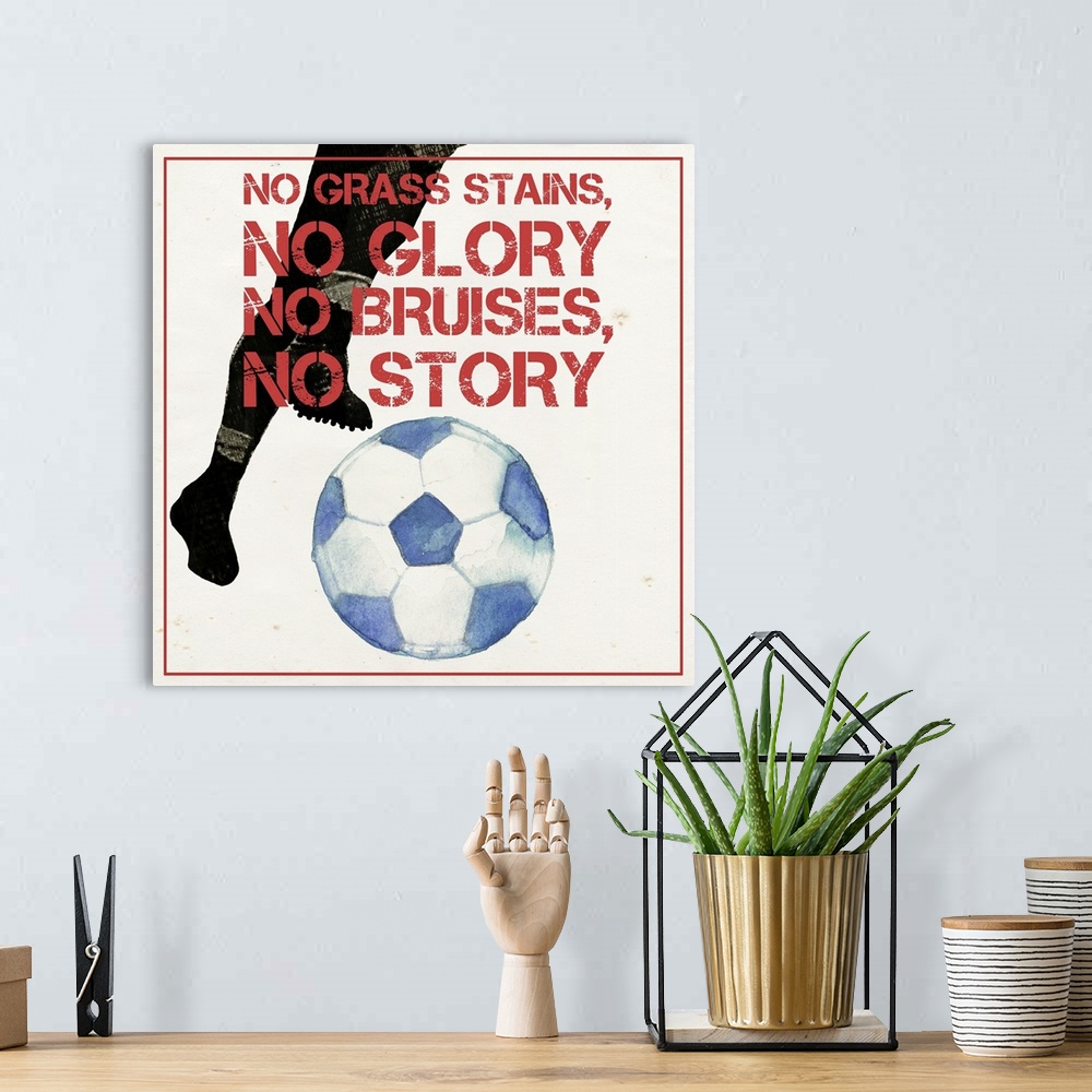 A bohemian room featuring Graphic of a soccer player kicking a ball, with motivational text.