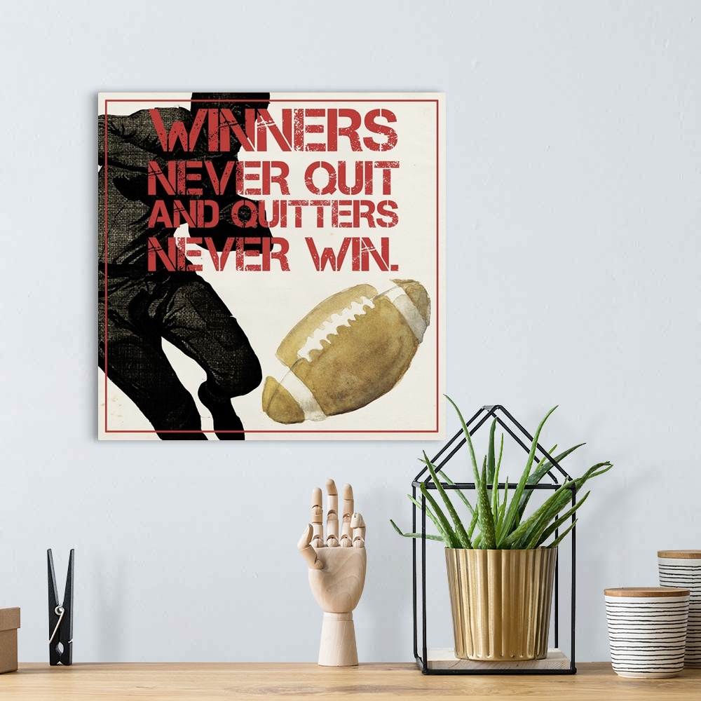 A bohemian room featuring Graphic of a football player kicking a ball, with motivational text.