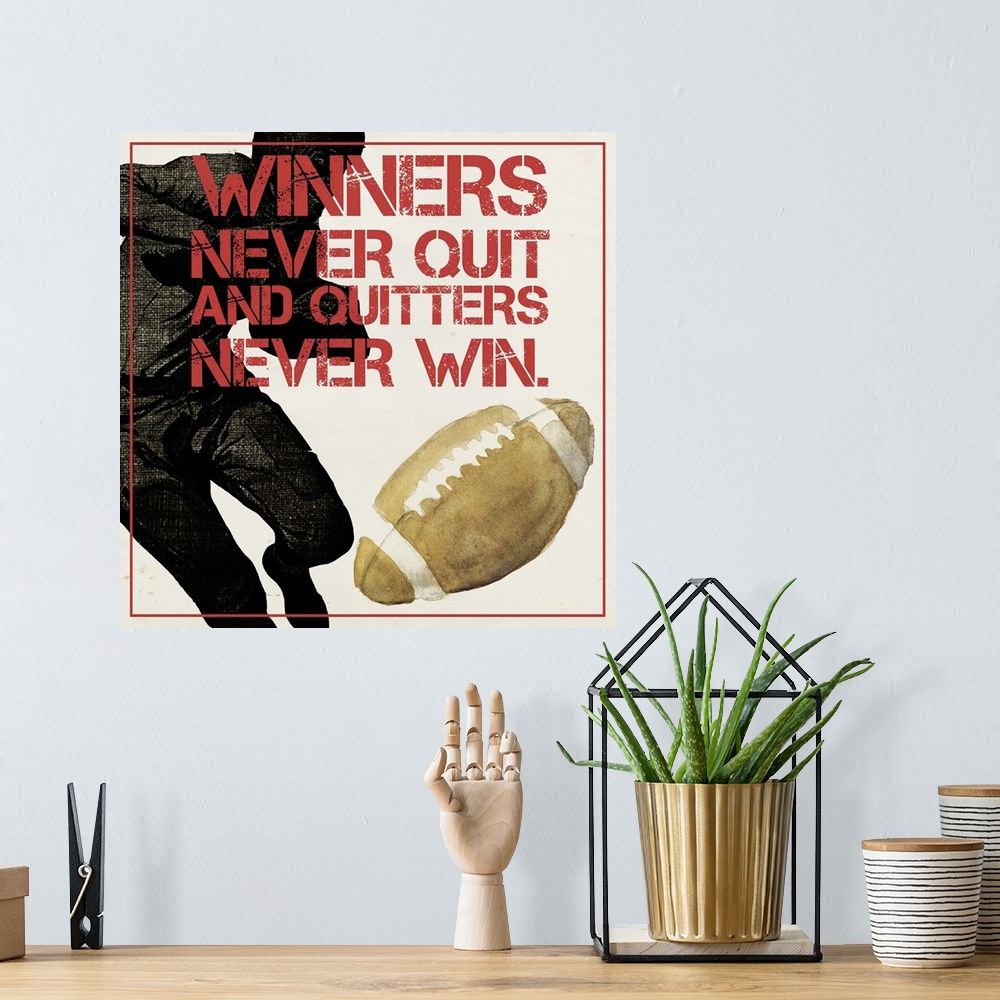 A bohemian room featuring Graphic of a football player kicking a ball, with motivational text.