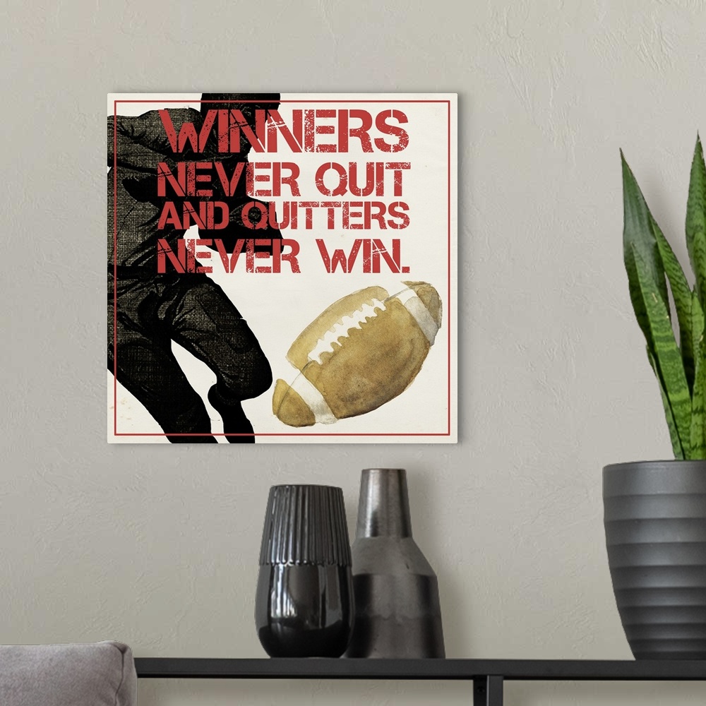 A modern room featuring Graphic of a football player kicking a ball, with motivational text.