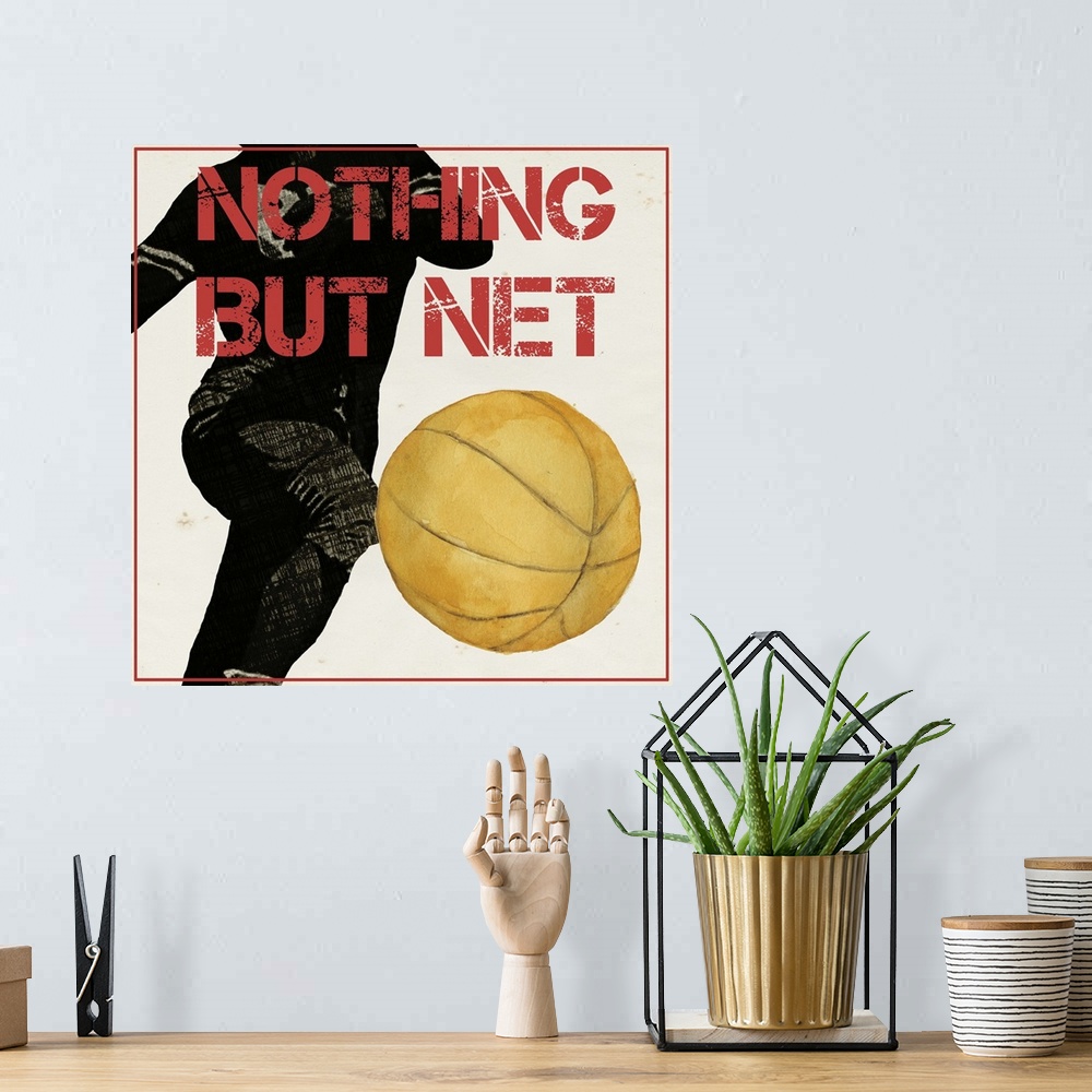 A bohemian room featuring Graphic of a basketball player dribbling a ball, with motivational text.