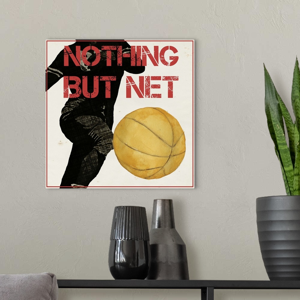 A modern room featuring Graphic of a basketball player dribbling a ball, with motivational text.
