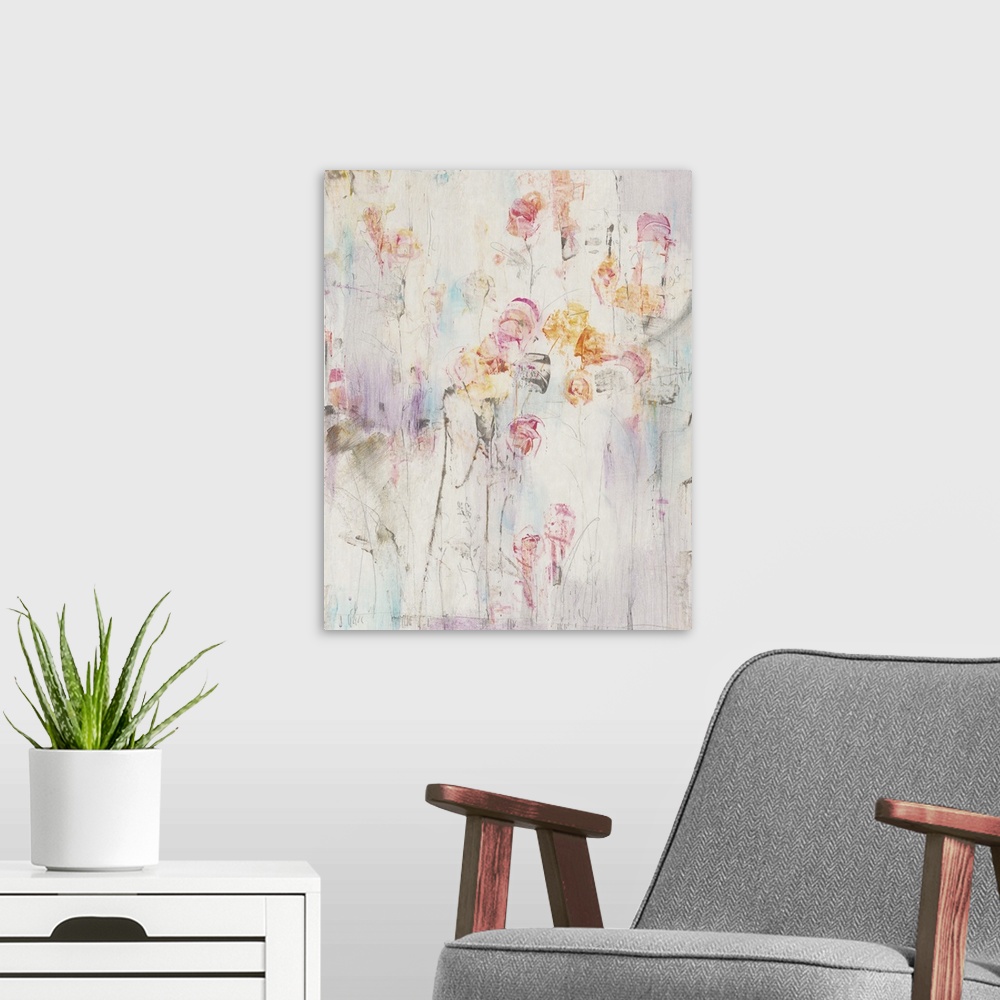 A modern room featuring Contemporary abstract painting of colorful flowers through out an environment in neutral tones.