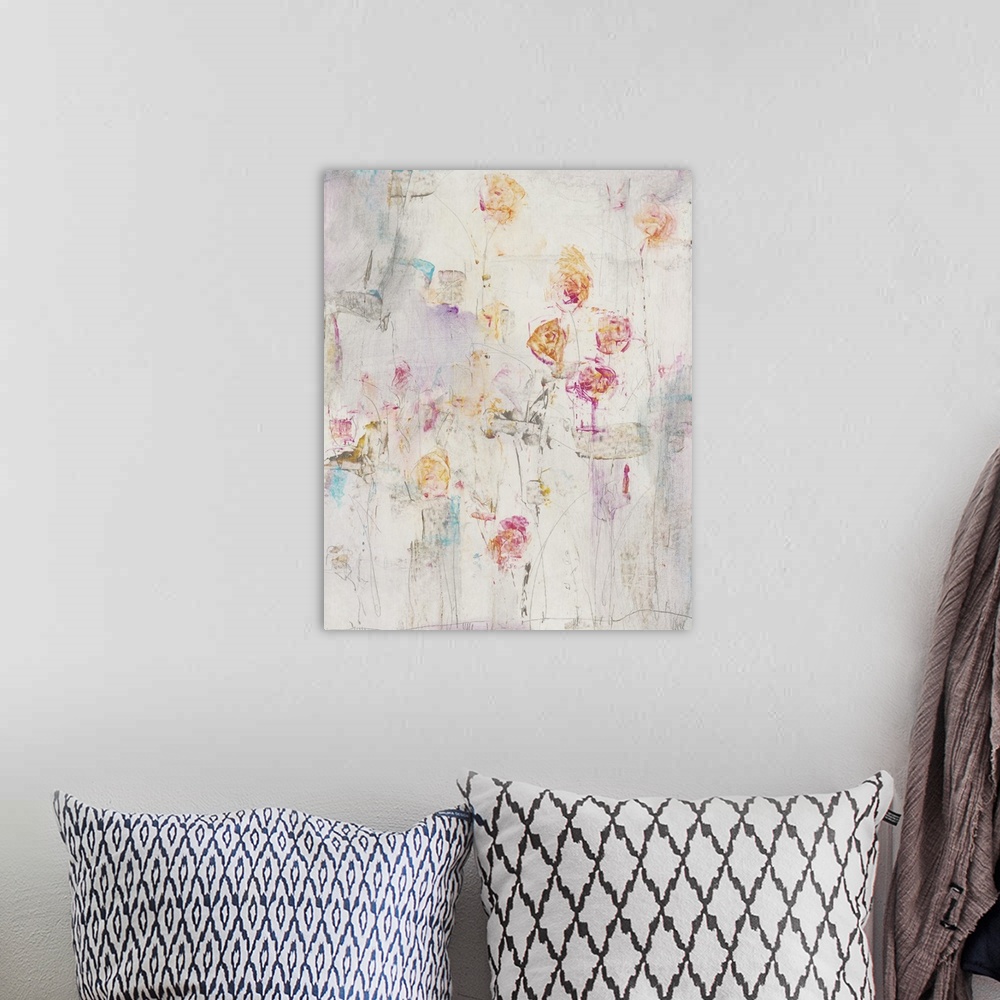 A bohemian room featuring Contemporary abstract painting of colorful flowers through out an environment in neutral tones.